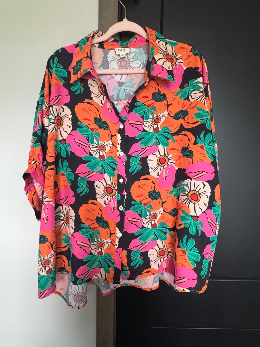 BiBi Button-Up Floral Blouse with Orange & Pink Blooms